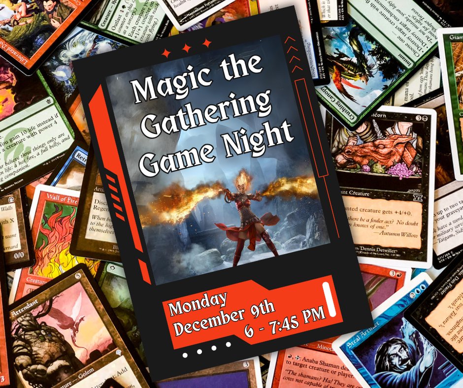 Teens and adults - join us at the library to play Magic the Gathering!  Bring your own deck. Beginners are welcome and can borrow a deck if needed.  

Register: calendar.libraryweb.org/event/13354272

#mpl #mendonpubliclibrary #hfl #honeoyefalls #mendonny #hflmendoncommunity #limany #rushny