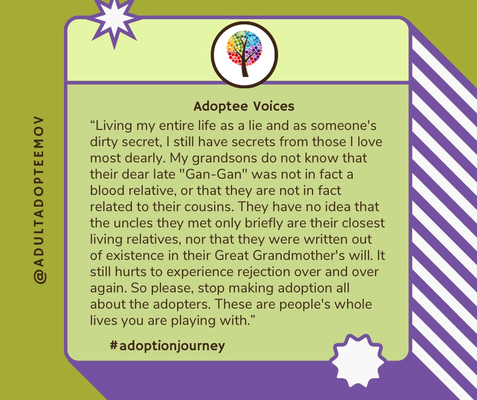 AdultAdopteeMov's tweet image. Adoption doesn&apos;t just affect one lifetime. The next generations are impacted too.

#adoptionjourney #adopteevoices