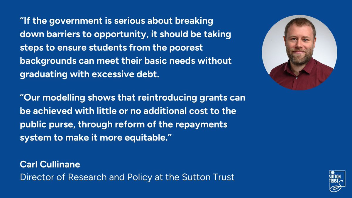 🚨 Reinstate maintenance grants🚨

Since maintenance grants were abolished, students from less affluent homes have since been leaving university with more debt than their wealthier peers.

We are calling on the Government to reintroduce grants for lower income students.