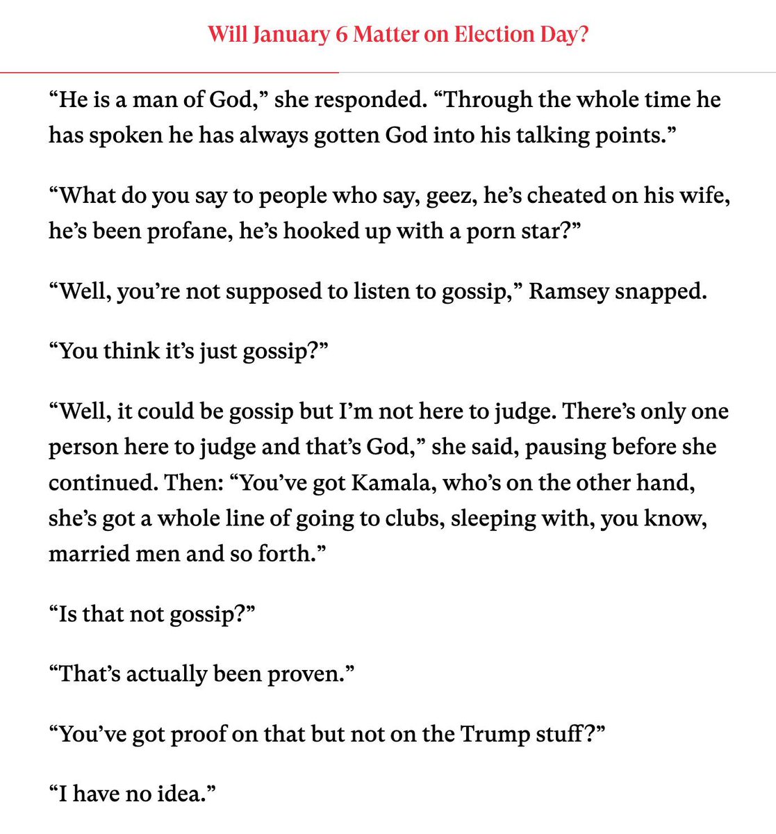 thedispatch's tweet photo. When @stephenfhayes asked Trump supporter, Pauline Ramsey, why she supported Trump, she punctuated her list of policy priorities by turning to character. 

“And he’s a man of God.”
https://t.co/AAxBHuseEw https://t.co/z0Zzx1b7tC
