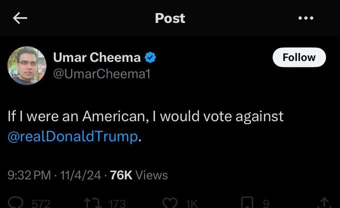 WaqasnawazMD's tweet photo. If you were an American, you still couldn’t have cast a vote. Do you know why @UmarCheema1 ? You would have reported the Trump-Melania marriage a “fraudulent Iddat case” and would have been deported and denaturalized for that nonsense because there is no place in America for such bull shit.

———————————————-