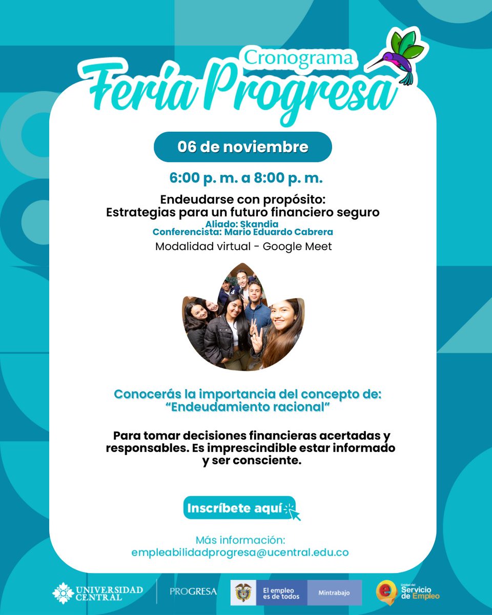 EgresadosUC's tweet photo. 🎓 La U. Central y el Programa Progresa te invita a participar en talleres virtuales y gratuitos que te ayudarán a fortalecer tus habilidades en finanzas personales, posicionamiento digital y emprendimiento.
📲 Inscríbete aquí y asegura tu cupo https://t.co/Ab4b9pwojL https://t.co/tOa7vOgueC