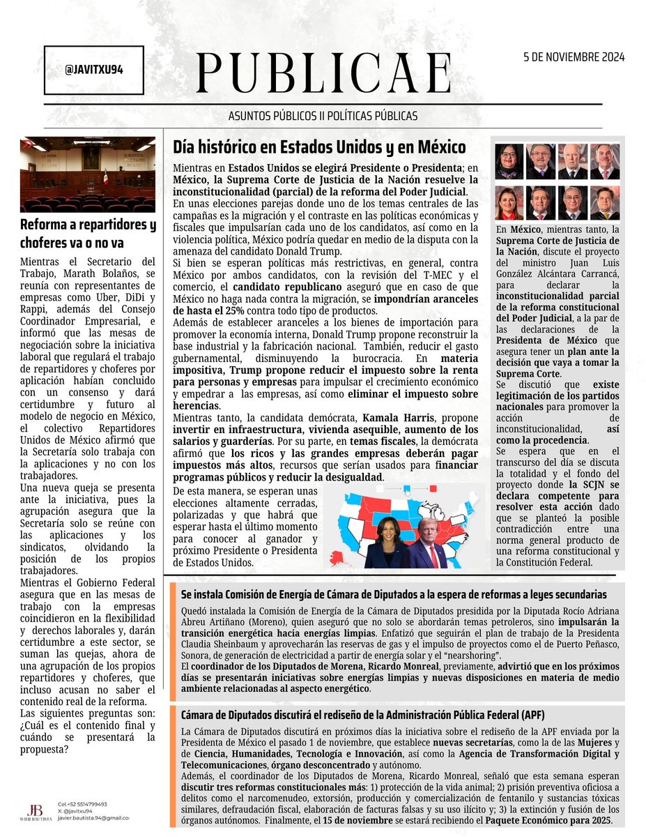 javitxu94's tweet image. -Día histórico en 🇺🇸 y 🇲🇽
🗳¿@KamalaHarris o @realDonaldTrump? 👨‍⚖️¿Qué pasará con la #ReformaDelPoderJudicial?
-📲Reforma a repartidores y choferes, ¿llegaron a un acuerdo Uber, Rappi y DiDi con @STPS_mx?
-🔋Reformas para promover energías limpias
-📜+ reformas constitucionales