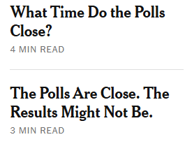 NYT offers two uses of the word "polls" and two uses of the word "close" adjacent on its homepage. #english