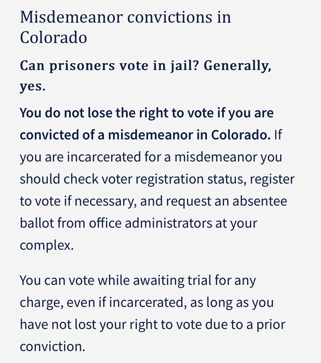 LR81882's tweet photo. @trint99 @jeffcosheriffco Once they have completed their sentence, they sure can. And people in county jail- such as the Jeffco jail, are likely in for misdemeanors (which means they are still eligible to vote) or awaiting sentencing- which means they are still eligible. Any simple google search proves it https://t.co/mA7MvoFkEo