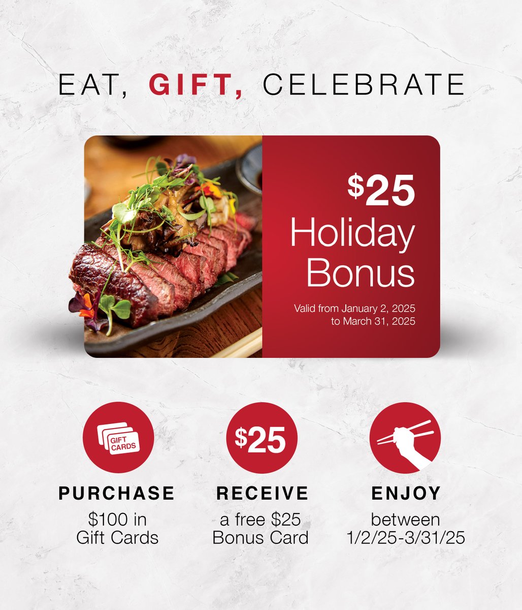 This holiday season, gift the joy of dining at Roka Akor. 🎁🥰  Purchase $100 in gift cards and receive a $25 bonus on us. Available online or at one of our locations near you!

#RokaAkor #Foodies #DineWithUs #HolidayGiftGuide