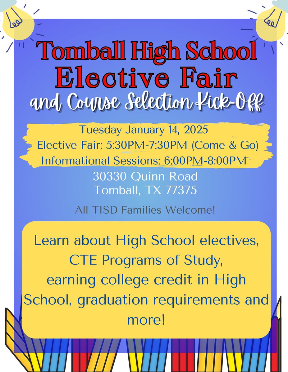 TISDCounselors's tweet photo. 📣 Calling all THS students and parents! The time has come for our Elective Fair and Course Selection Kick-Off. The fair will be January 14, 2025 from 5:30PM-8:00PM. Save the date! 📅 #electivefair #courseselection @TISDTHS https://t.co/HwaQw26wlU