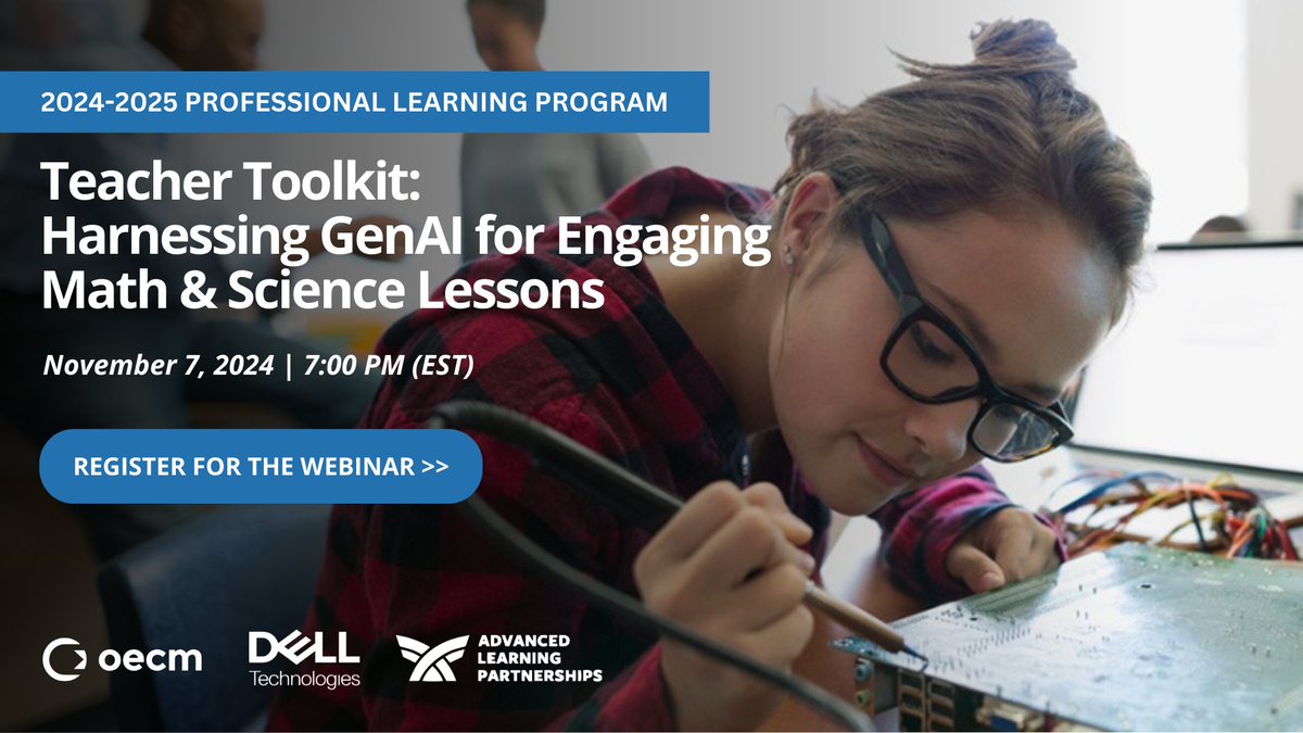 K-12 and Post-Secondary Educators: Join us for the first webinar in the 2024-25 #ProfessionalLearningProgram - Teacher Toolkit: Harnessing GenAI for Engaging Math &amp; Science Lessons. #onted

📅 Date: November 7, 2024
🕖 Time: 7:00 PM (EST)
 
Register at bit.ly/40EjOPg