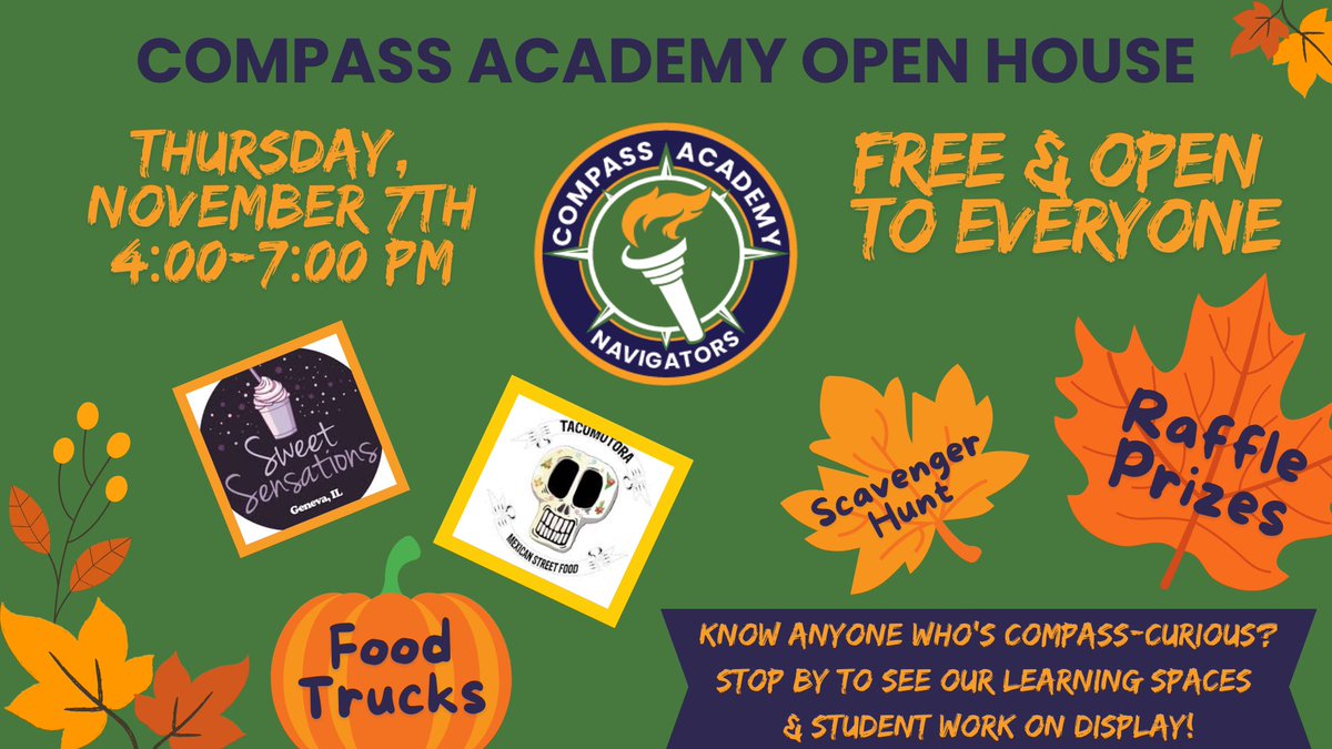 Join us this Thursday for our Open House showcasing students’ work &amp; featuring 2 fabulous food trucks,  a scavenger hunt, &amp; raffle with terrific prizes. This event is free &amp; open to anyone who wants to learn more about Compass, especially students &amp; families. <a href="/StCharlesD303/">School District 303</a>
