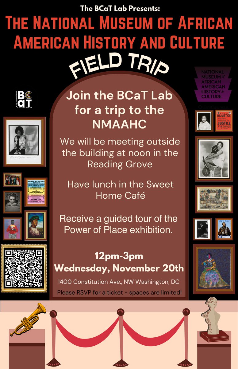 Join the BCaT Lab for an exciting field trip to The National Museum of African American History and Culture on Wednesday, November 20th from 12-3pm! Make sure to buy your tickets ASAP using the link in our bio as spaces are limited!