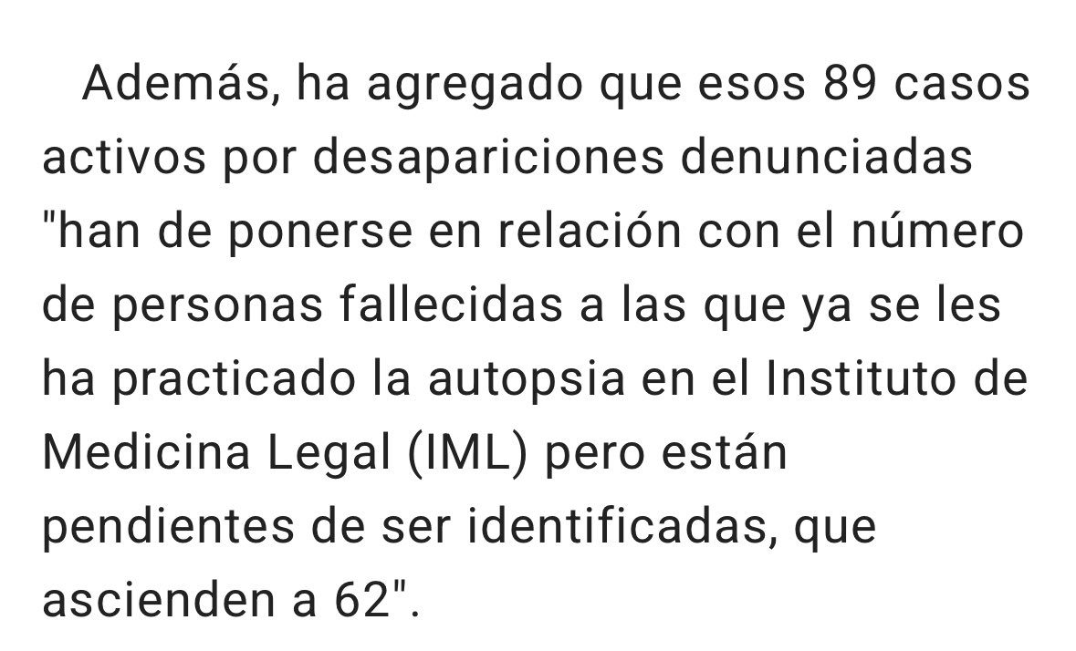 Se que no es mi competencia pero vuelvo a dar información que espero clarifique alguna confusión que leo.
1.- El número de desaparecidos que se ha hecho público, 89, puede no ser el definitivo ya que puede haber personas desparecidas cuya desaparición no ha sido denunciada. En