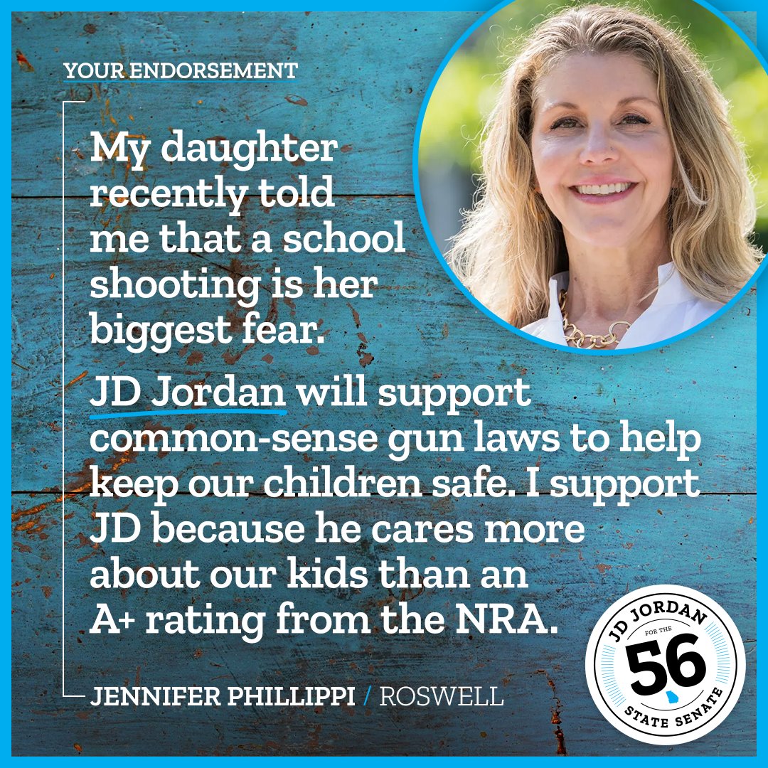 forthe56's tweet photo. Jennifer Phillippi of Roswell thinks #56CanDoBetter:

"My daughter recently told me that a school shooting is her biggest fear. At school she evaluates how safe she is by how close she is to the school entrance. 

"JD Jordan will support common sense gun laws to help keep our children safe. I support JD because he cares more about our kids than an A+ rating from the NRA."

You can find Jennifer's community endorsement and more at:
https://t.co/014EGpDWQa

—

Do you think #56CanDoBetter?
Use our hashtag and tell us why you’re voting for JD Jordan for 
the 56 to better represent East Cobb, Roswell, and Woodstock.

#forthe56 #56CanDoBetter #endorsement #roswellga #eastcobb #woodstockga