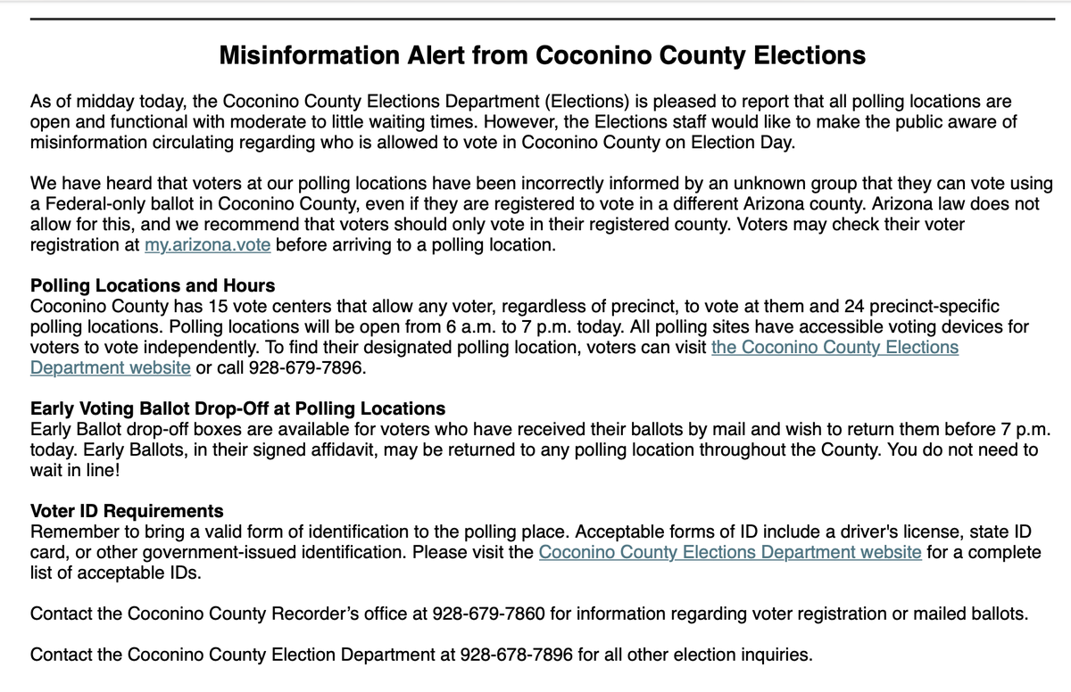 Jen Fifield (@jenafifield) on Twitter photo N. AZ - Coconino County's elections director just called me.
They are seeing some pretty widespread confusion among voters who have been told they can vote a federal-only ballot in-person in Coconino, even when they are registered in a different county.
That's not true. N. AZ - Coconino County's elections director just called me.
They are seeing some pretty widespread confusion among voters who have been told they can vote a federal-only ballot in-person in Coconino, even when they are registered in a different county.
That's not true.