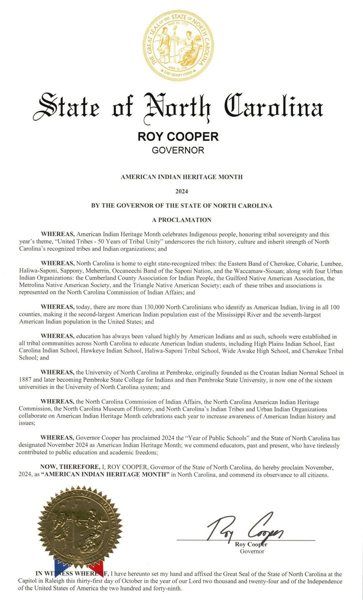 tcim's tweet photo. By order of @NC_Governor, November is American Indian Heritage Month!

#Coharie
#EasternBandOfCherokeeIndians 
#HaliwaSaponiTribe
#LumbeeTribeOfNorthCarolina 
#MeherrinIndianTribe 
#OccaneechiBandOfTheSaponi
#Sappony 
#WaccamawSiouan
#NCAmericanIndianHeritageMonth 
@ncculture https://t.co/MW7fPUYzGc