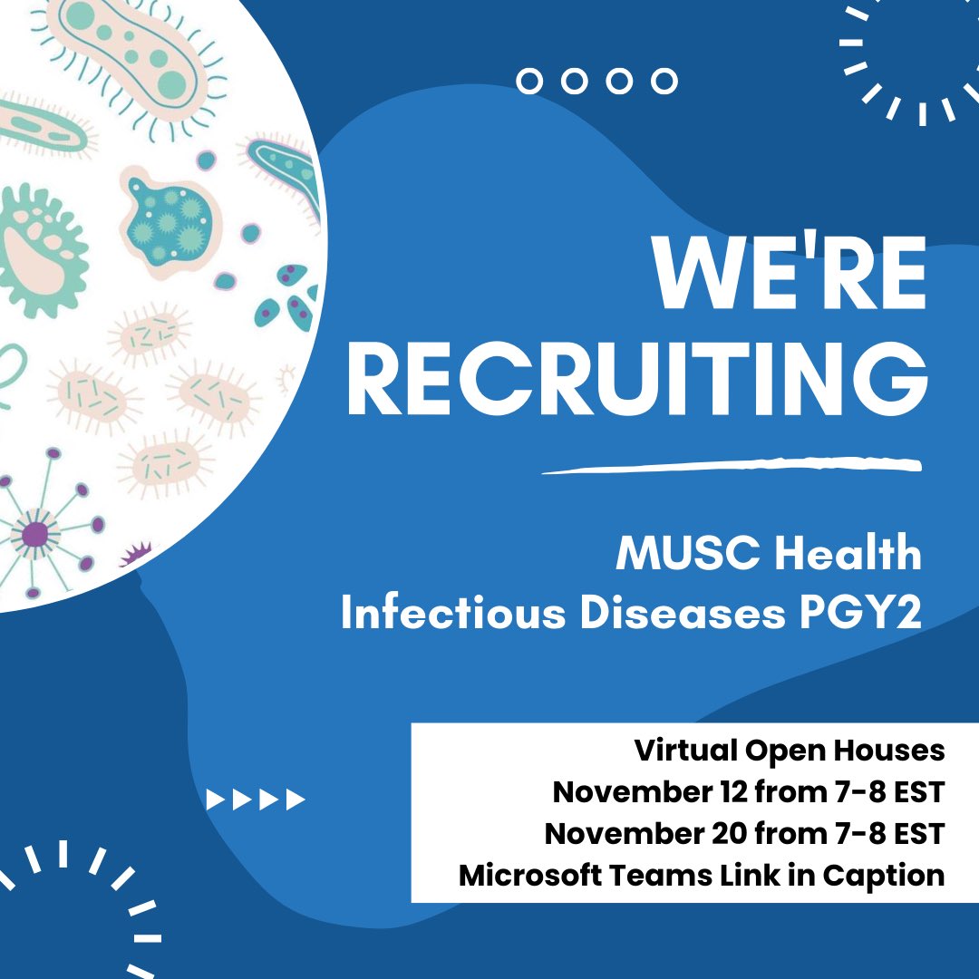 Recruitment is in full swing! Please join our open house sessions on the following days to learn more about our PGY2 Infectious Disease Residency Program! 

11/12 Teams Link: teams.microsoft.com/l/meetup-join/…

11/20 Teams link: teams.microsoft.com/l/meetup-join/…