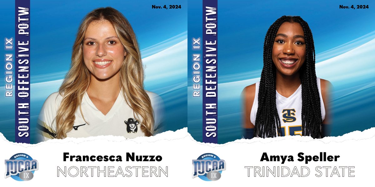 Region 9 Volleyball announced the "Players-of-the-Week" for D1 - South – Congratulations to Francesca Nuzzo of Northeastern JC and Amya Speller from Trinidad State

<a href="/NJC_Athletics/">NJC Athletics</a> 
<a href="/TSCATHLETICS/">TSC Athletics</a> 

- read more at region9athletics.com/general/2024-2…