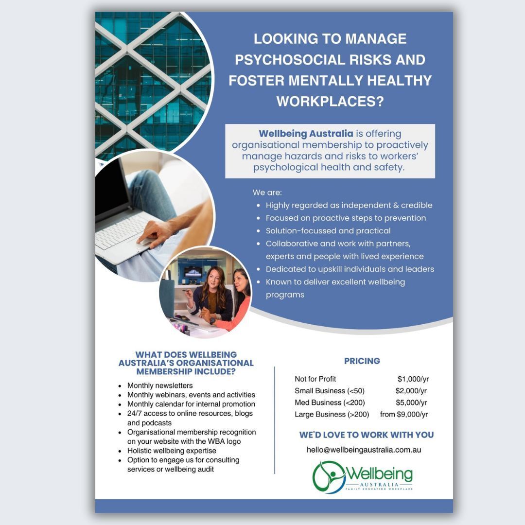 WellbeingOz's tweet photo. Is your organisation looking to address psychosocial risks effectively? 👉 Learn more about our Organisational Membership today! https://t.co/tDsTQBCJFp 

#WellbeingAustralia #ProactiveSteps #PsychosocialRisks #Workplace! https://t.co/GoHdsET17g