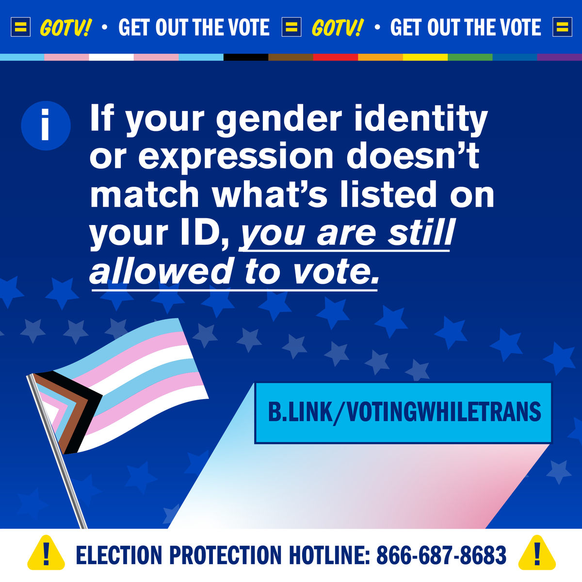 If your state has voter ID requirements and the gender marker on your ID doesn’t match your gender identity or expression, you still have the right to vote. 

Learn your rights with @transequality’s Voting While Trans Guide and ensure your vote is counted: b.link/votingwhiletra…
