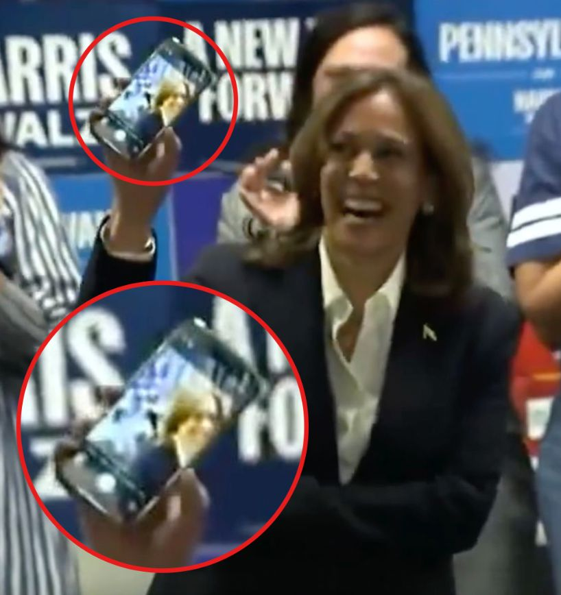 libsoftiktok's tweet image. Kamala pretended to talk to a voter then mistakenly held up her phone which showed it was on the camera app 🤣

She staged a fake phone call for the cameras