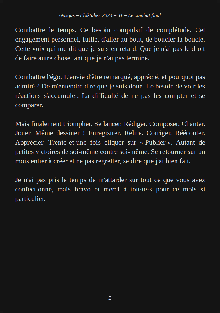 6usgus's tweet photo. #Floktober2024 Jour 31 : Le combat final. Point final, en forme de mini-bilan. Ce premier Floktober n'a pas été un long fleuve tranquille mais quelle expérience ce fut ! Merci à @AngleDroit_ et celleux qui ont participé à élaborer les thèmes. https://t.co/fYgFxVmQRk