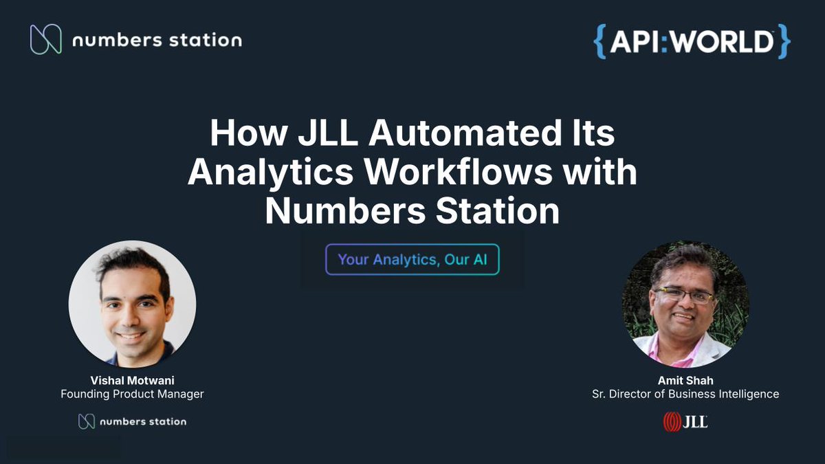 T-2 days to <a href="/APIWorld/">API World</a>! 🎯 

We are excited to welcome <a href="/JLL/">JLL</a>'s Amit Shah on stage for a live case study on how they supercharged their CRE analytics using Numbers Station's AI agents.

Tap into <a href="/JLL/">JLL</a>'s implementation process and learn how to deploy production-ready AI agents.

📅