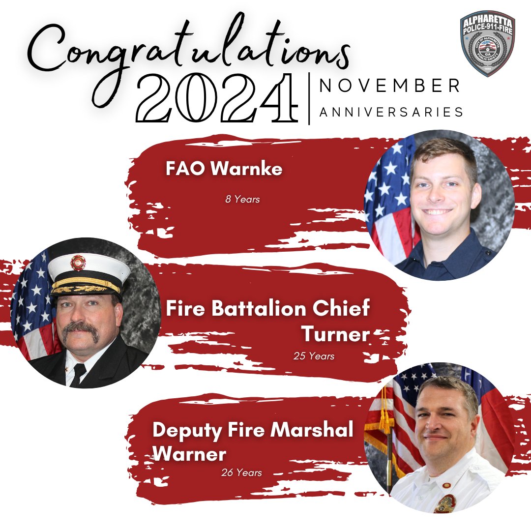 AlpharettaDPS's tweet photo. Congratulations to FAO Warnke, Fire Battalion Chief Turner, and Deputy Fire Marshal Warner on their work anniversaries. Thank you for serving here in Alpharetta!
#HappyAnniversary #ADPS #AlpharettaDPS #AlpharettaFire #Firefighters #AlpharettaFD #AwesomeAlpharetta #LiveWorkPlay https://t.co/xEABUkxTVC