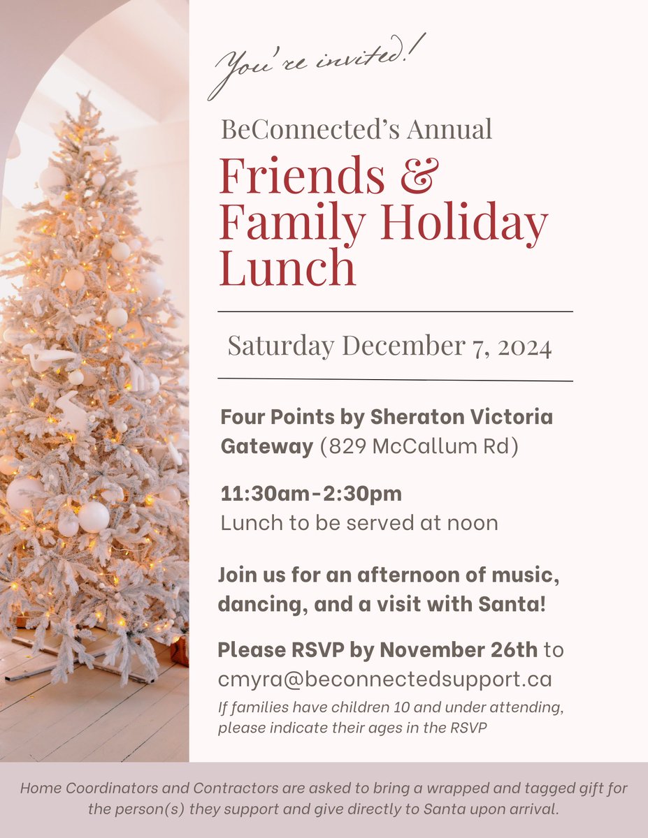 BeconSupport's tweet photo. BeConnected’s Annual Holiday Luncheon Invitation – BeConnected family, you are invited to our Annual Friends &amp; Family Holiday Lunch on Saturday, December 7th, from 11:30am—2:30pm.

*RSVP is required by November 26th!🦃🌲 https://t.co/CdkQOGZB26