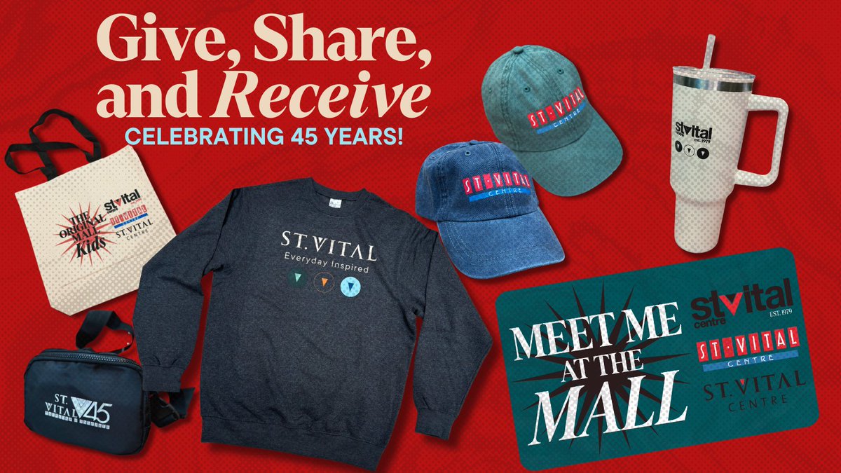 🎉Celebrate 45 years with us! Limited-edition merch is here for a cause—give back and get exclusive St. Vital Centre anniversary items! 🎁✨ Donate a gift card and receive a piece of our history. Available only while supplies last!💙bit.ly/svc-give-share… #StVital45 #GiveReceive