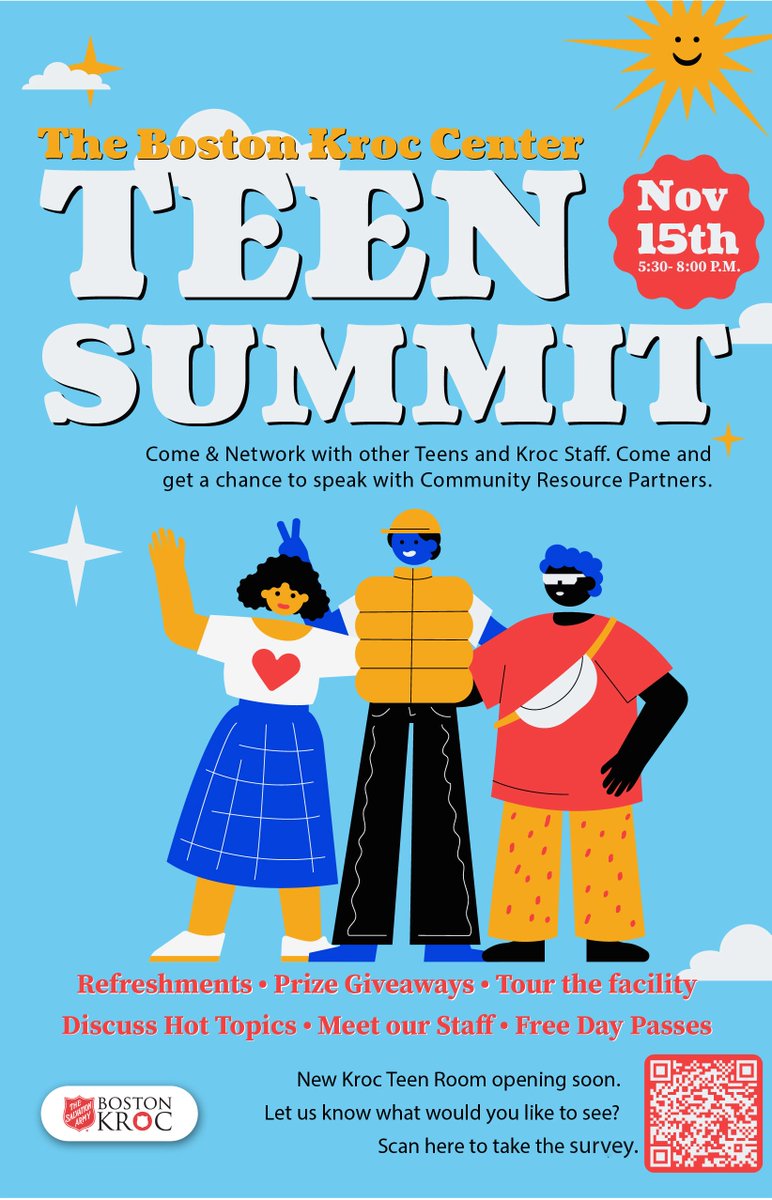 The Boston Kroc Center will host our first "Teen Summit" on November 15th, 5:30 pm- 8:00 pm. 
Come &amp; Network with other Teens and Kroc Staff. Come and get a chance to speak with Community Resource Partners!