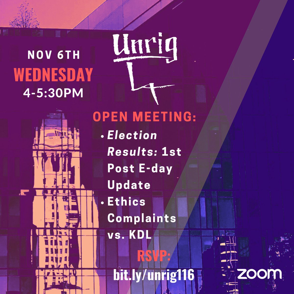 UnrigLA's tweet image. Don't refresh LAvote.net alone, join us tomorrow evening @ 4pm as we wait for the 1st post E-day update to LA election results. It could take weeks to know final outcomes in a lot of races, but the Weds. update will help size things up.

RSVP: bit.ly/unrig116
