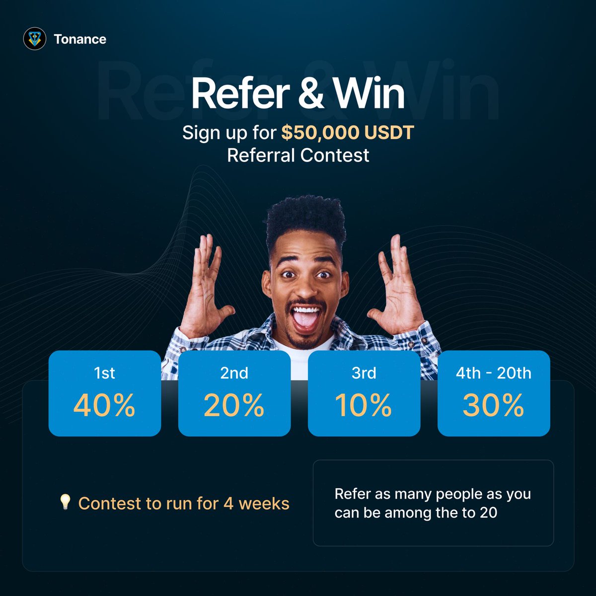 Tonanceapp's tweet photo. ✨Sign Up for $50 000 USDT Referral Contest✨

💰💰💰 To spice things up, we’re launching the League of Tonance; Promoter, Influencr, AMBASSADOR referral contest with a MASSIVE $50 000 USDT prize fund! 

🏆 Think you’ve got what it takes to win? Start inviting frens now 👉 https://t.co/CJBtDt6Bte