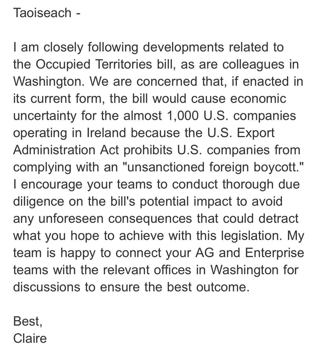 US ambassador Claire Cronin’s email in which she warns government of "consequences" if the Occupied Territories Bill passed

Claire’s having a US election party in the Guinness Storehouse this evening – spoiling us