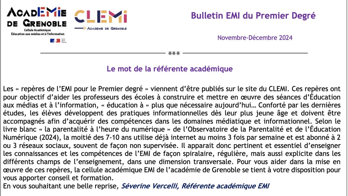 EMI_CLEMI Grenoble (@emi_grenoble) on Twitter photo 🚨 Le bulletin EMI 1er degré n°30 (nov. et déc. 2024) vient de sortir !
Retrouvez-le dès maintenant sur notre site !
👉 emi.web.ac-grenoble.fr/bulletin-1d
➡️ #CrocEcran cycle 1 à 3
➡️ des publications jeunesses <a href="/Bayard_Editions/">Bayard Editions</a>
➡️ des ressources contre le #cyberharcelement
... 🚨 Le bulletin EMI 1er degré n°30 (nov. et déc. 2024) vient de sortir !
Retrouvez-le dès maintenant sur notre site !
👉 emi.web.ac-grenoble.fr/bulletin-1d
➡️ #CrocEcran cycle 1 à 3
➡️ des publications jeunesses <a href="/Bayard_Editions/">Bayard Editions</a>
➡️ des ressources contre le #cyberharcelement
...
