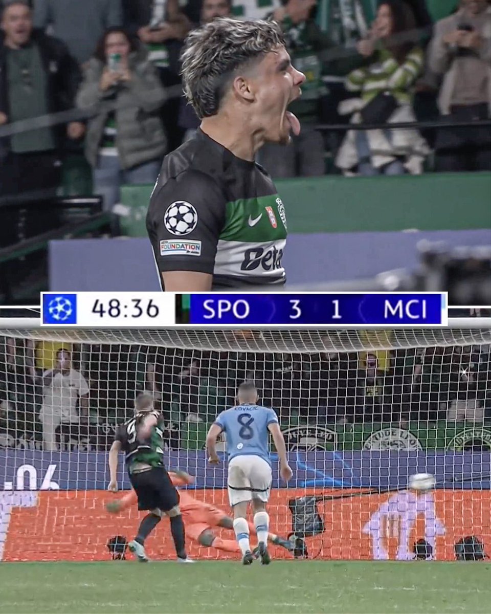 ESPNFC's tweet photo. SPORTING SCORE 20 SECONDS INTO THE SECOND HALF AND SCORE FROM THE PENALTY SPOT JUST TWO MINUTES LATER TO TAKE A 3-1 LEAD OVER MAN CITY!!

GYOKERES WITH A BRACE 🔥 https://t.co/7vXWk3JM0v