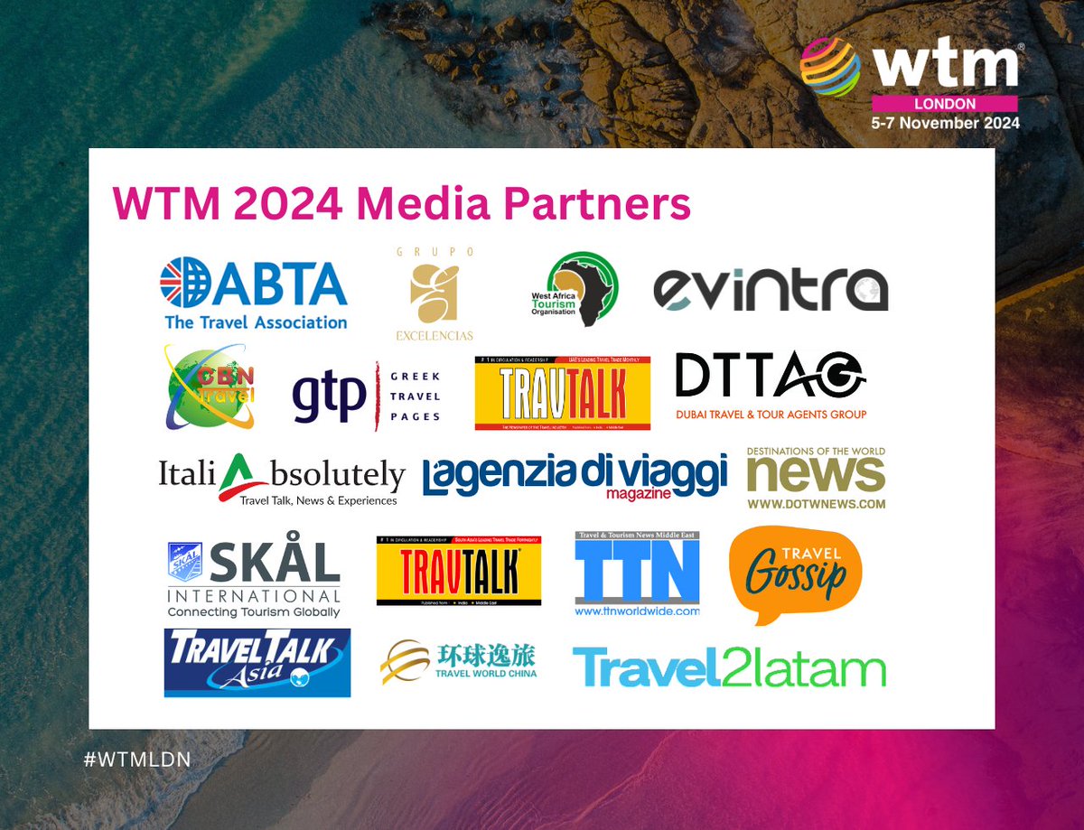 WTM_London's tweet photo. We would like to thank our Official Partners and our Media Partners!
Make sure you pay them a visit and meet their teams at the Media Pavilion.
See you there!
Together, we’re paving the way for the future of travel!
#WTMLDN#WTMPartners #GlobalTravelNetwork https://t.co/qTPF0xrFtO