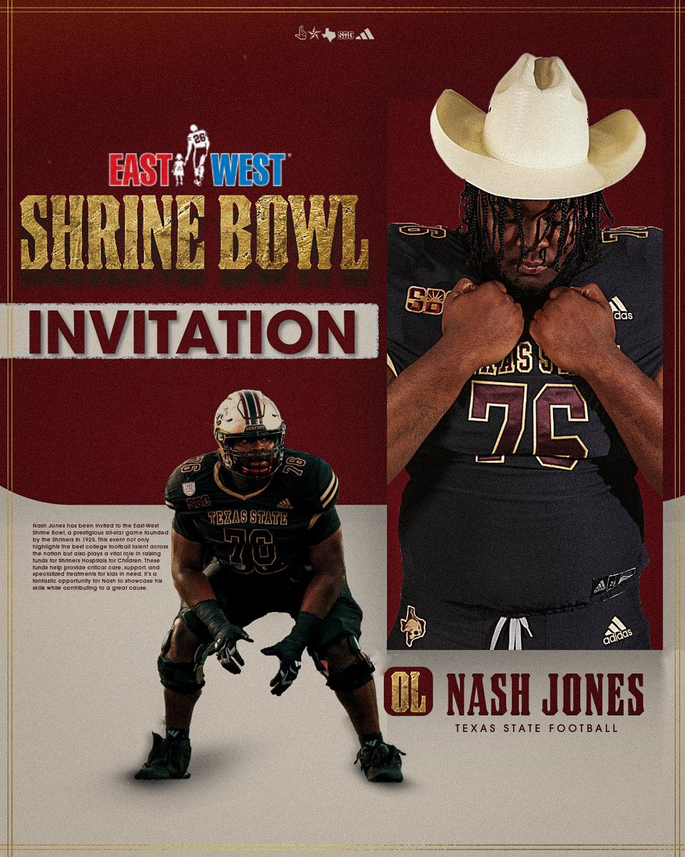 TXSTATEFOOTBALL's tweet image. INVITATION RECEIVED✉️

Congratulations to Offensive Lineman Nash Jones on being invited to the @ShrineBowl!

#TakeBackTexas