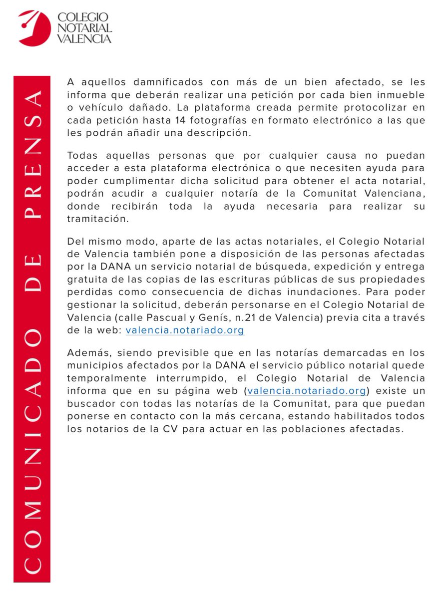 Medida del <a href="/ColNotVal/">Colegio Notarial Valencia</a> para los afectados por la DANA. Actas notariales telemáticas #gratuitas