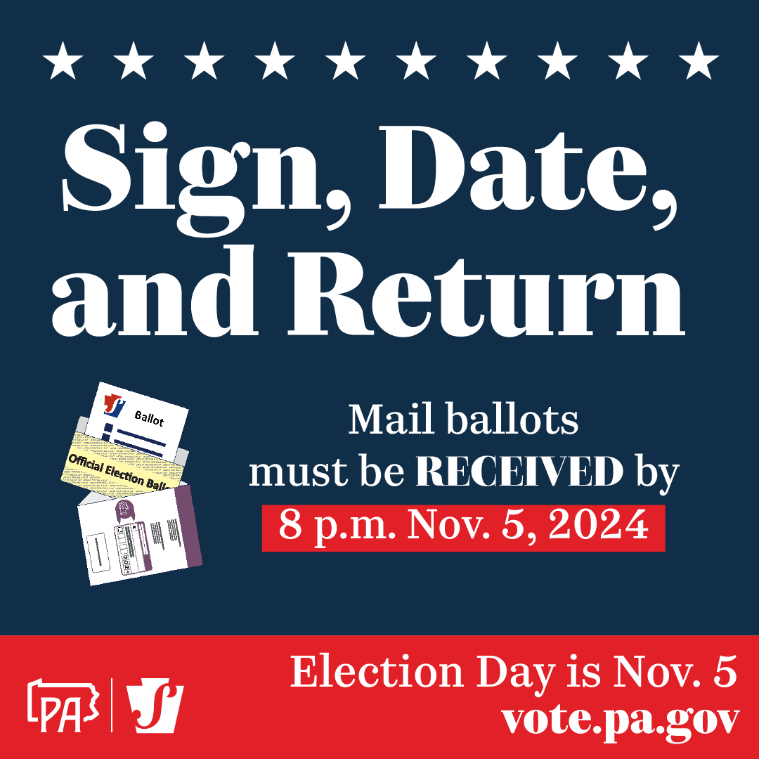 Still have your mail ballot? Return it to your county election office or designated drop-off location NOW. Mail ballots must be RECEIVED by your county elections office by 8 p.m. TODAY. A postmark is not sufficient. 
Find a drop-off location: vote.pa.gov/ReturnBallot