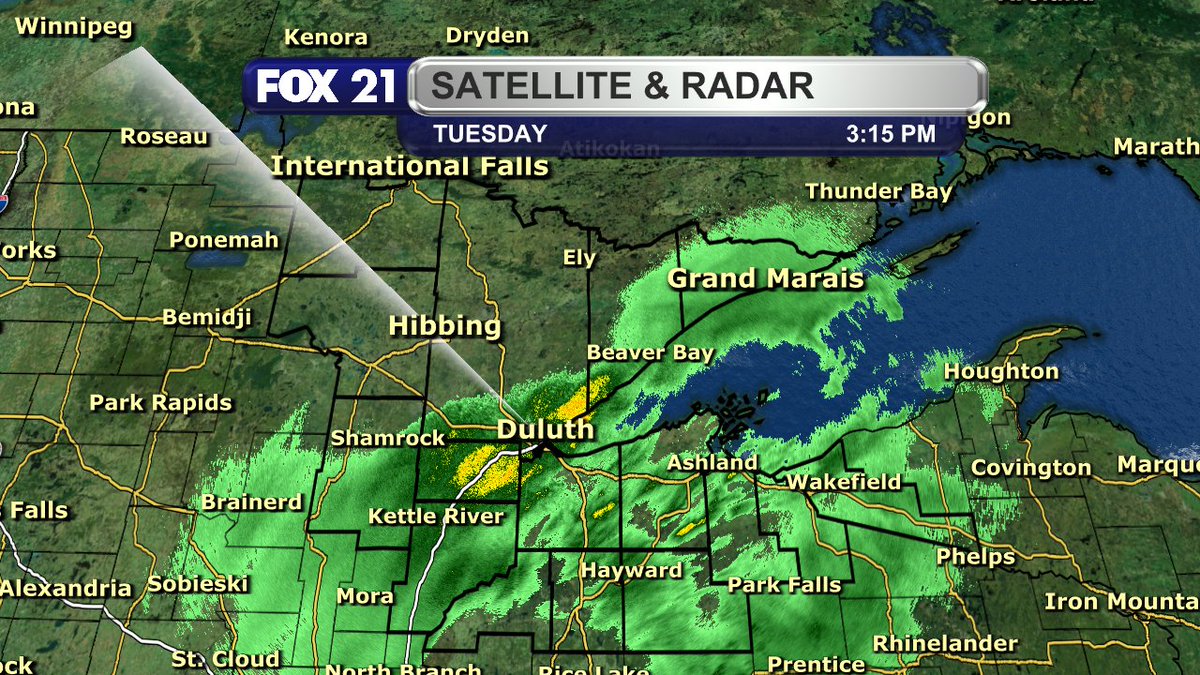 RustyMehlberg's tweet photo. 3:15 P.M. RADAR UPDATE:

The rain showers continue to move north through the Northland this afternoon, finally reaching the Twin Ports.

I do believe it will start moving more east, meaning the Iron Range and Rainy River Basin will stay dry. https://t.co/N6eOTFD0gB