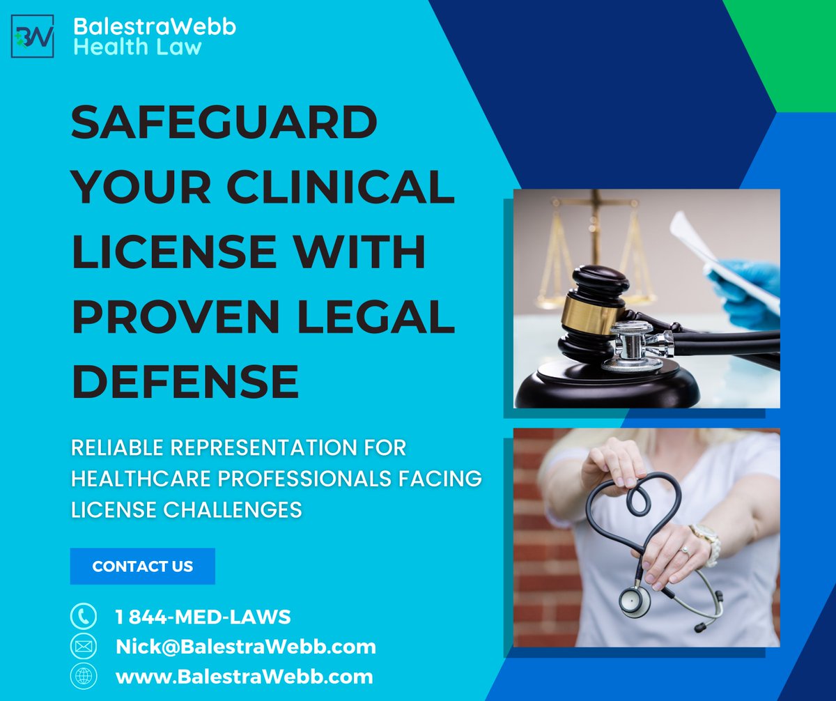 BalestraWebbLaw's tweet image. Don’t risk your clinical license. BalestraWebb Health Law provides strong legal defense for healthcare professionals facing license challenges. Our dedicated team works to protect your career and your reputation. 

Contact us for a consultation!

#LicenseProtection #LegalDefense
