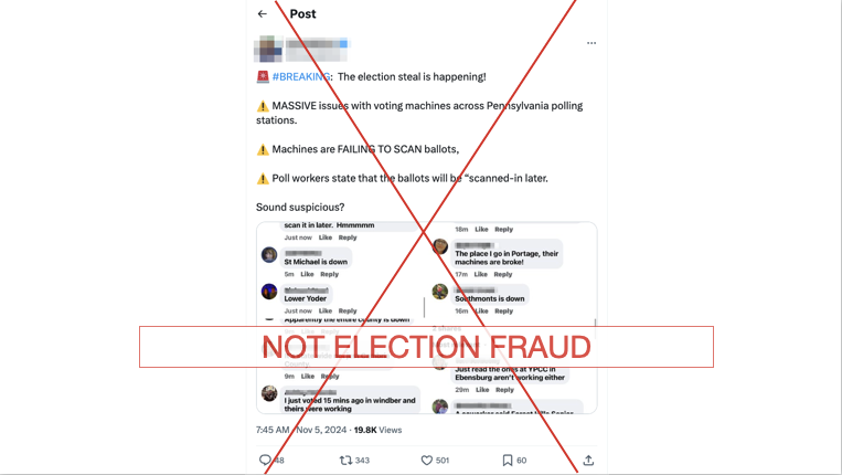 Cambria County, Pennsylvania, experienced Election Day ballot scanning errors. Before the problem was corrected, voters were able to cast paper ballots and officials extended voting hours. The issues did not signal wrongdoing. politifact.com/factchecks/202…