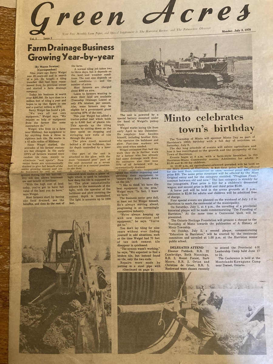 WeigelDrainage's tweet image. 1978 Article from farm paper in Harriston Review and Palmerston Observer talking about Weigel Drainage.