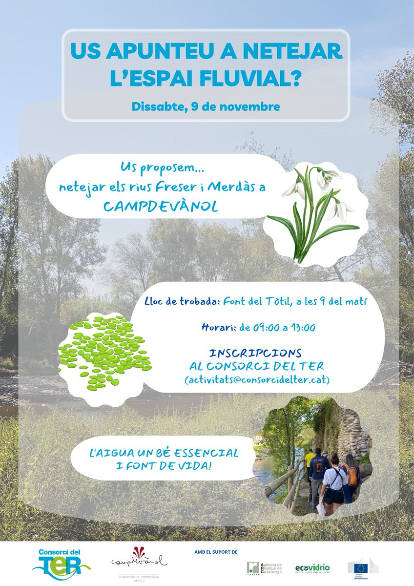 🔔 Activitat de neteja ambiental a Campdevànol!
📅 Dissabte, 9/11, a les 9 h.
📍 Font del Tòtil, Ctra. de Ribes, 93, 17500 Ripoll
✍️ Apunta’t al Consorci del Ter: activitats@consorcidelter.cat
♻️ El resultat serà compartit amb l’Agència de Residus.
🙏Gràcies per la teva ajuda.