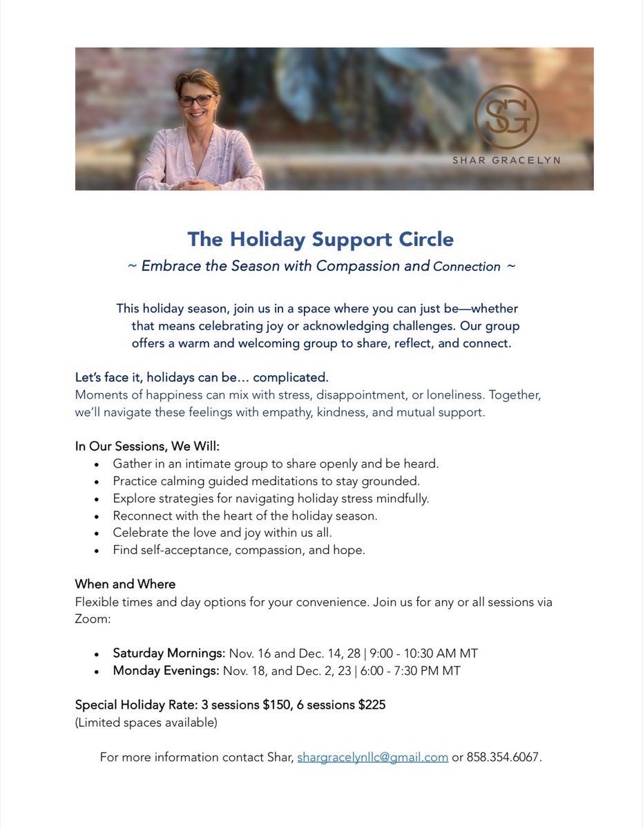 SharGracelyn's tweet photo. Dear Friends,

I am offering something different for you this holiday season. Check out my flyer and note the flexible dates and special holiday price. Please RSVP soon to reserve your spot.

P.S. I invite you to share this flyer with friends or post it on social media.

♥️ Shar https://t.co/ImFQmbKD2o