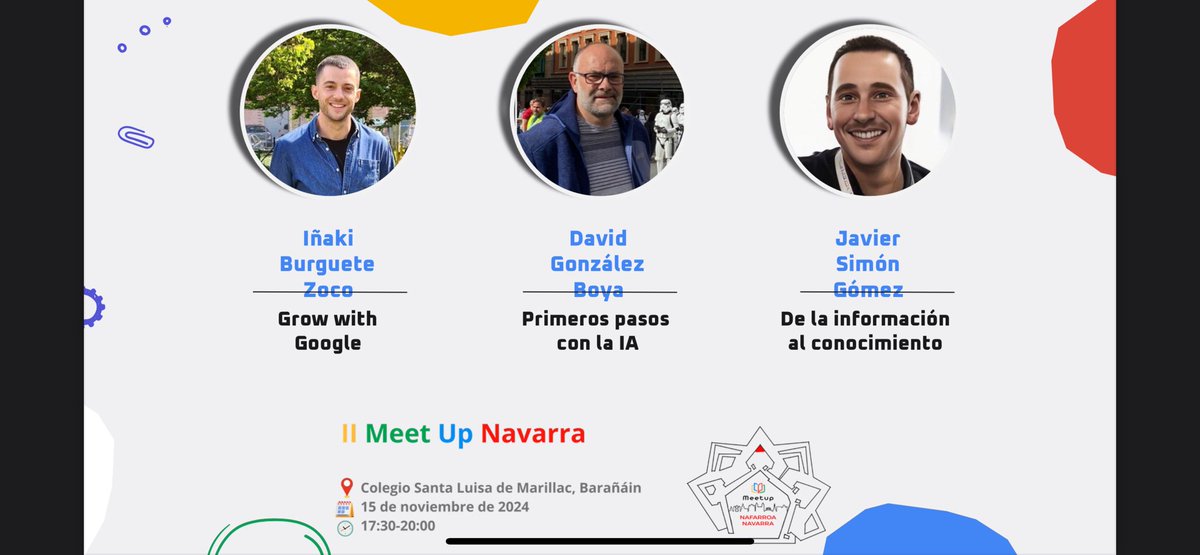 🚀¡Confirmado próximo #meetup en #navarra! Aprovecha esta oportunidad para compartir y conectar con otros #profesores 👩‍🏫🧑‍🏫 de tu zona:

🗓️viernes 15 nov.
⏰ 17:30-20:00
📍Colegio Santa Luisa de Marillac (Barañaín)

#claustrovirtual #ia <a href="/GoogleForEdu/">Google for Education</a> 
¡Atentos a las inscripciones!