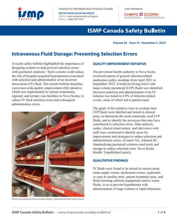 ISMPCanada's tweet photo. BULLETIN: IV Fluid Storage: Preventing Selection Errors

This bulletin describes a province-wide QI initiative, implemented in various community, regional, and tertiary care facilities in NS, to reduce IV fluid selection and administration errors!

🔗https://t.co/hWSXyMA9dA https://t.co/65B1UVCdzu