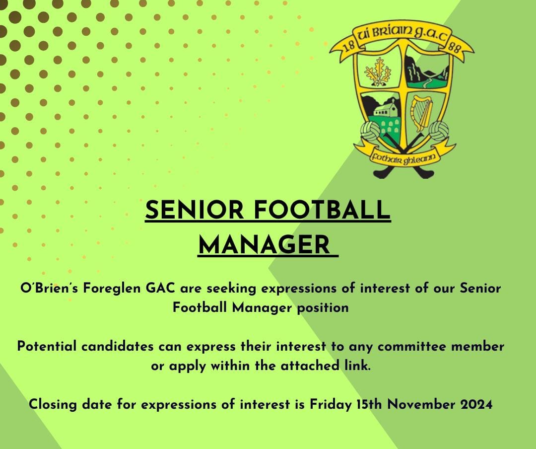 O'Brien's Foreglen GAC are seeking a Senior Football Manager for 2025 🔰

Please express interest to any committee member or via the link below.😁

docs.google.com/forms/d/1dJTef…