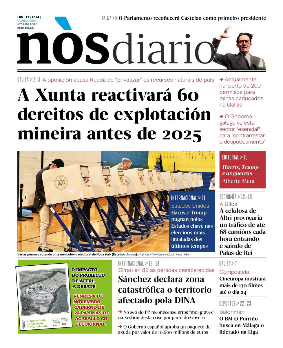 📰 Avanzamos a capa do 'Nós Diario' desta cuarta feira, 6 de novembro

🛒 Podes atopalo nos quiosques ou na nosa loxa en liña bit.ly/3saIH3Q

📝 Tamén podes subscribirte a 'Nós Diario' bit.ly/3GACRNg