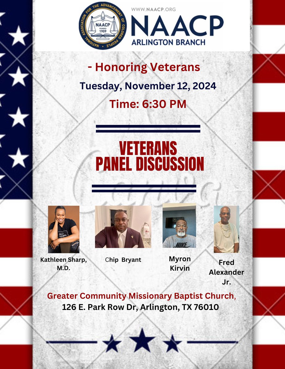 🇺🇸 Join Arlington NAACP’s Monthly Meeting – Honoring Veterans! 🇺🇸

📅 Nov 12, 2024 |
 🕡 6:30 PM
📍 Greater Community Missionary Baptist Church, 126 E. Park Row Dr, Arlington, TX

Panel of veterans sharing experiences + Q&amp;A.

#VeteransDay #ArlingtonNAACP