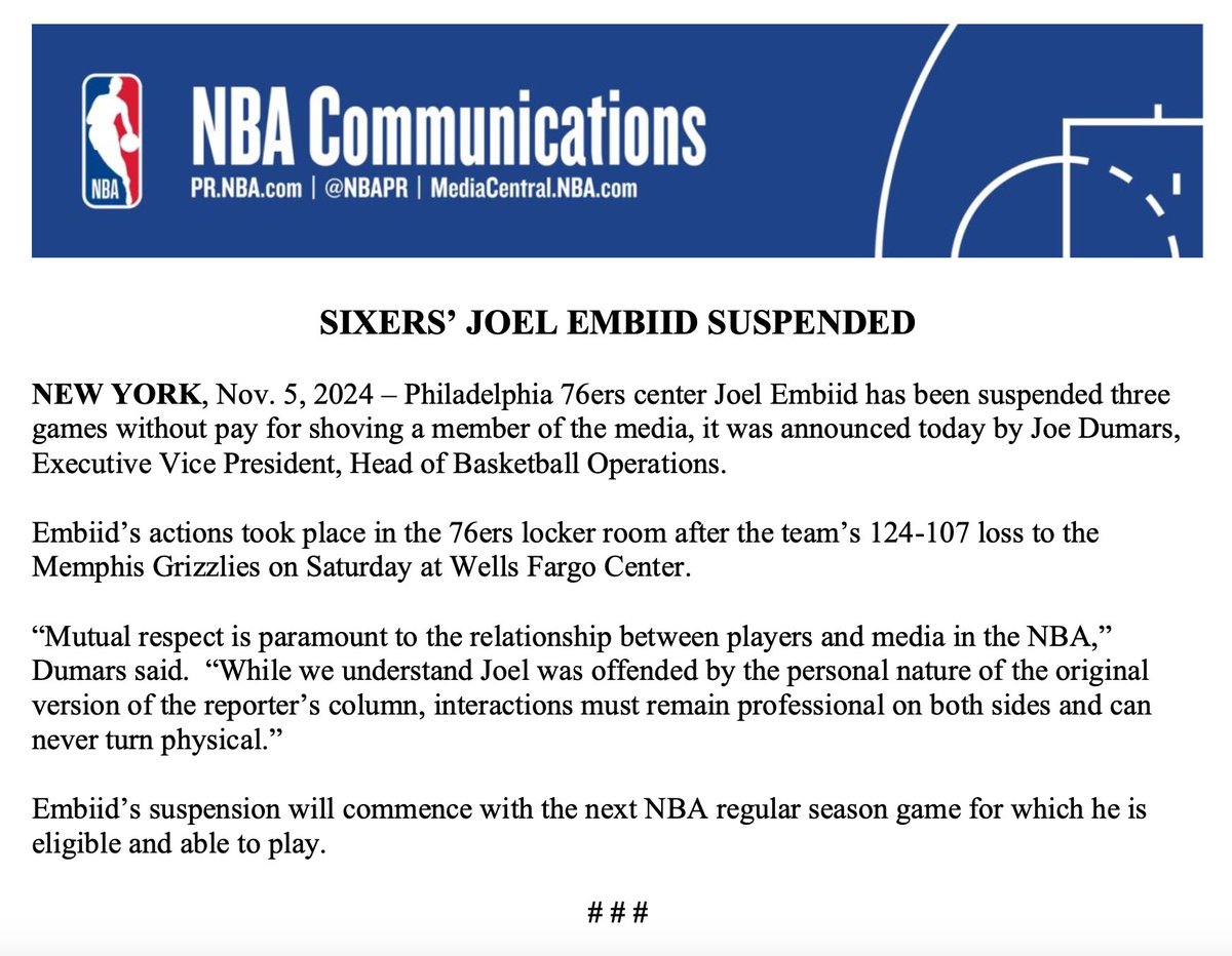 NBAPR's tweet photo. The following has been released by the NBA: https://t.co/eOQoaZxdUT